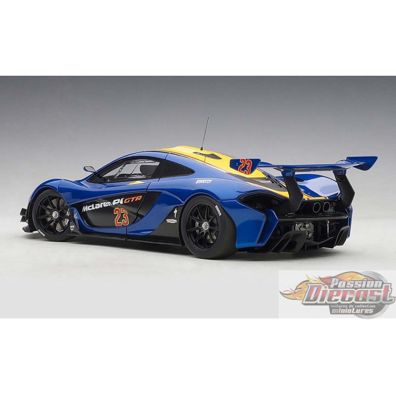 Mclaren P1 Gtr Metallic Blue W Yellow Stripes Autoart 1 18