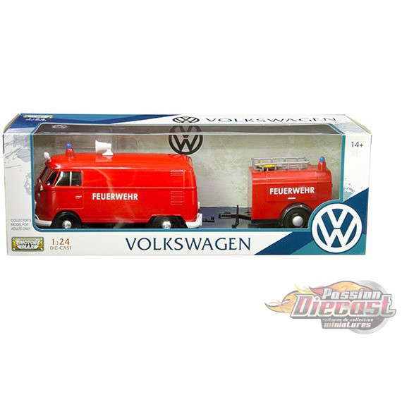 Volkswagen Type 2 Camion de pompiers avec remorque rouge - Motormax 1-24 - 79671 MJ - Passion Diecast 