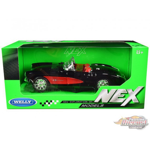 1957 Chevrolet Corvette cabriolet Noir et rouge  - Welly 1/24 - 29393 BK - Passion Diecast 