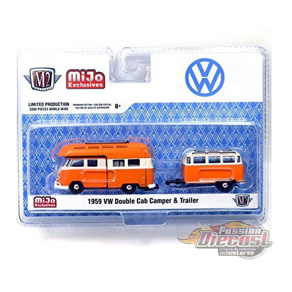1959 Volkswagen Bus  Double Cab Camper With Trailer - M2 Machines 1/64 Auto Trailer Mijo Exclusive - 38100 MJS03