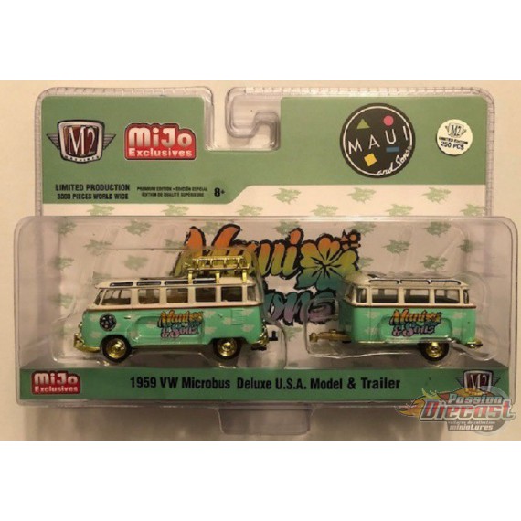 Volkswagen Bus Deluxe avec remorque Maui & Sons - SUPER CHASE CAR  M2 Machines 1/64 - 38100 MJS02GR Passion Diecast