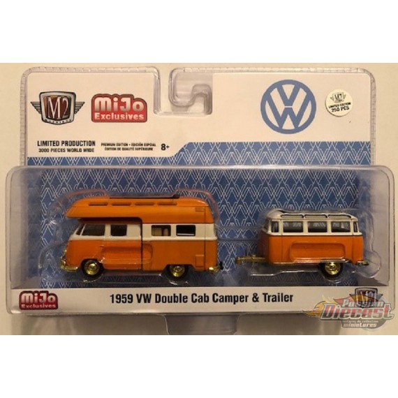 1959 Volkswagen Bus  Double Cab Camper With Trailer - SUPER CHASE CAR M2 Machines 1/64 Auto Trailer - 38100 MJS03GR