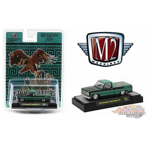Chevrolet Custom Deluxe 10 with Bed Cover Black and Turquoise and Graphics -  M2 Auto Trucks 1:64 - 31500 RZ01