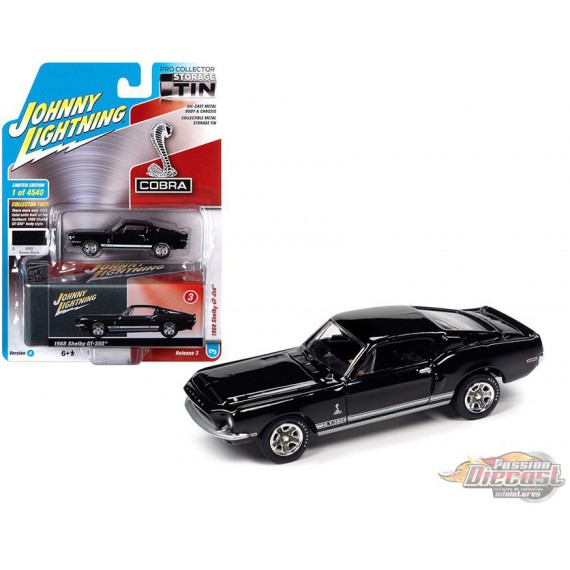 1968 Ford Mustang Shelby GT-350 Raven Black  with White Stripes -Collector Tin - Johnny Lightning -   1:64 - JLSP109 A