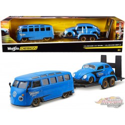 Volkswagen Van Samba avec Volkswagen Beetle et Flatbed Trailer Blue -  Maisto 1.24 - 32752 BL - Passion Diecast 