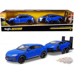 Lamborghini Urus Blue with Lamborghini Huracan Coupe Blue and Flatbed Trailer   -  Maisto 1.24 - 32753