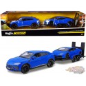 Lamborghini Urus Blue with Lamborghini Huracan Coupe Blue and Flatbed Trailer   -  Maisto 1.24 - 32753