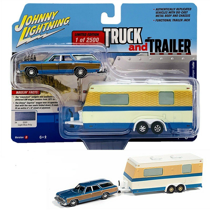 Johnny Lightning 1973 Chevy Caprice Station Wagon Light Blue W/ Camper Trailer