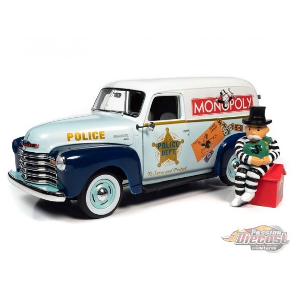 1948 Chevrolet Panel Delivery Van- Monopoly - avec figurine en résine - Auto World  1/18 - AWSS129 - Passion Diecast 