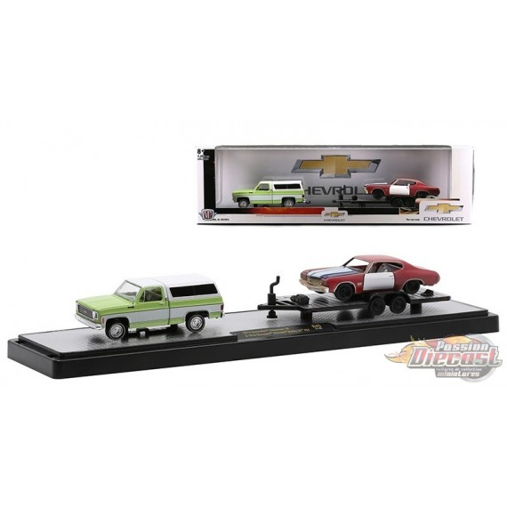 1973 Chevrolet Cheyenne 10 / Flatbed Trailer and 1970 Chevrolet Chevelle Malibu SS 454  - M2 1/64  36000-45 B - Passion Diecast 