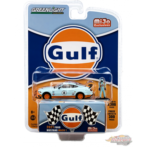 2021 Ford Mustang Mach 1 " GULF " w/ Driver Figure  - greenlight 1/64 - MiJo Exclusives - 51377 - Passion Diecast