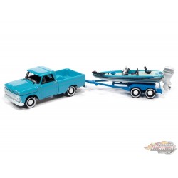 1965 Chevy Stepside Pickup Turquoise, Bleu et Blanc avec Bass Boat et Remorque  - Johnny Lightning  1:64 - JLBT015 -  JLSP203 B
