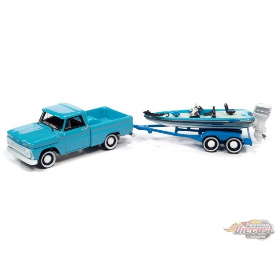 1965 Chevy Stepside Pickup Turquoise, Blue, and White with Bass Boat and Trailer - Johnny Lightning  1:64 - JLBT015 JLSP203 B
