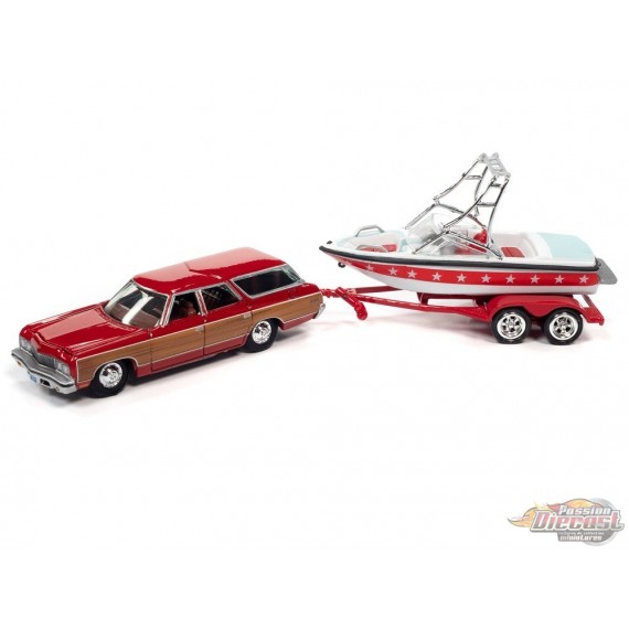 1973 Chevy Caprice Woody Wagon White and Red with Mastercraft Boat and Trailer - Johnny Lightning 1:64 - JLBT015 -  JLSP204 B