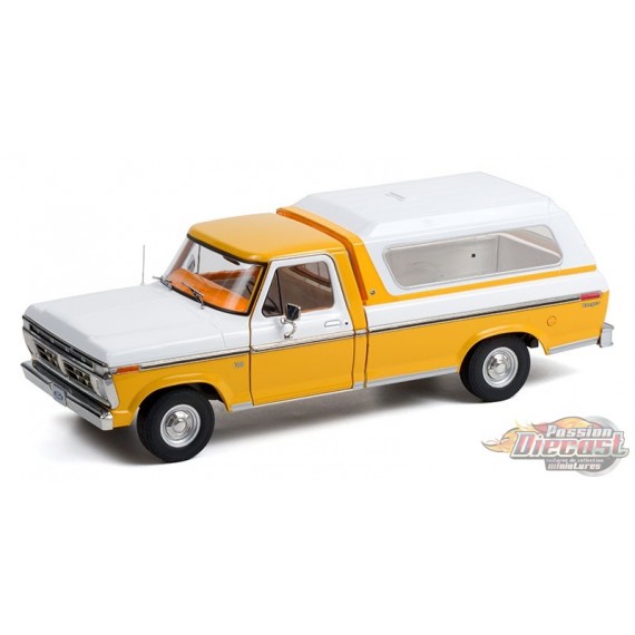 1976 Ford F-100 Pickup in Chrome Yellow with White Combination Tu-Tone and Deluxe Bed Cover - 1/18  Greenlight - 13621