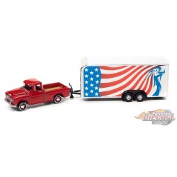 1955 Chevy Cameo Pickup Truck Red with Enclosed Car Trailer - Truck&Trailers - Johnny Lightning  1:64 -  JLSP200 A A