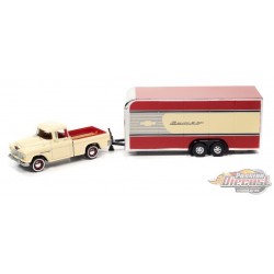 1955 Chevy Cameo Pickup Truck Bombay Ivory with Enclosed Car Trailer - Truck&Trailers - Johnny Lightning  1:64 -  JLSP200 B A