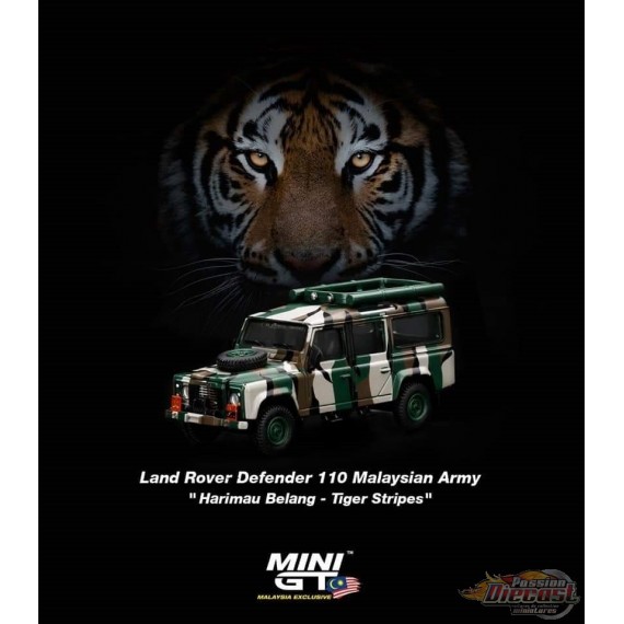 Mini GT - 1:64 - Land Rover Defender 110 Malaysian Army " Harimau Belang"  - Mijo Exclusives USA  -  MGT00321-R