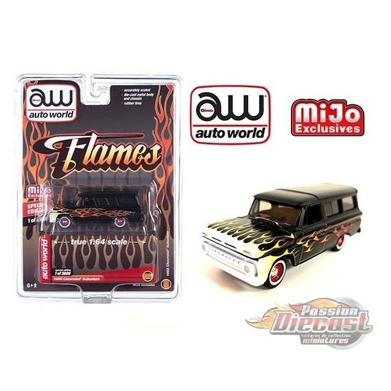 Mijo Exclusive - 1965 Chevrolet Suburban Custom Matte Black With Flames  Limited 3,600 - Auto World 1:64 - CP7832