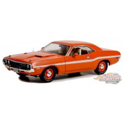1970 Dodge Challenger R/T in Go Mango with White Stripes and Dog Dish Wheels - 1/18  Greenlight - 13630