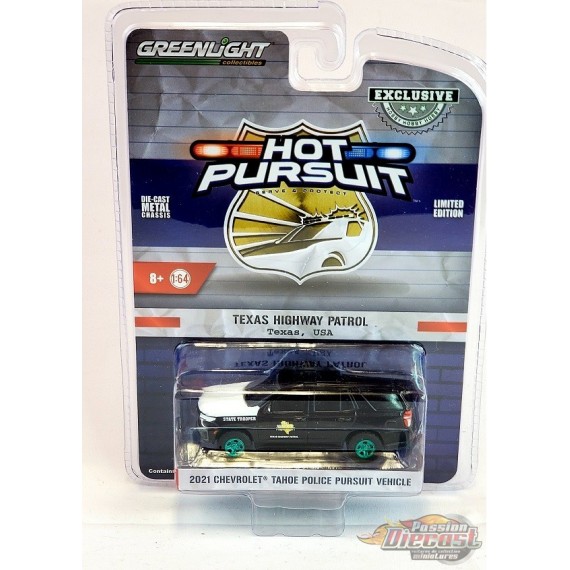 CHASE CAR 2021 Chevrolet Tahoe Police Pursuit Vehicle - Texas Highway Patrol - Hobby Exclusive - 1/64 Greenlight - 30235GR
