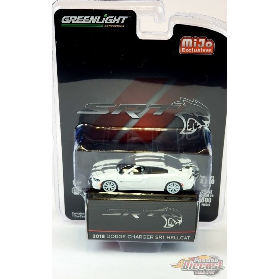 CHASE CAR 2018 Dodge Charger SRT Hellcat Limited White / Black Racing Stripes - Mijo Exclusive- Greenlight 1/64 - 51425GR