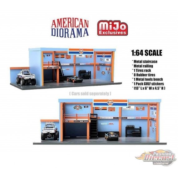 Mijo Exclusive - Garage Diorama with Auto World GULF Stickers Included -  American Diorama 1-64 - AD-76531