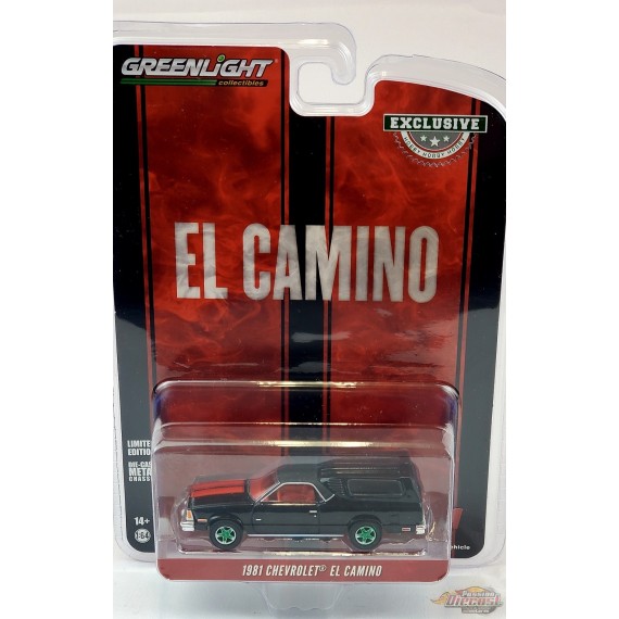 CHASE CAR 1981 Chevrolet El Camino with Camper Shell in Black with Red Stripes - Hobby Exclusive - 1/64 Greenlight - 30310GR