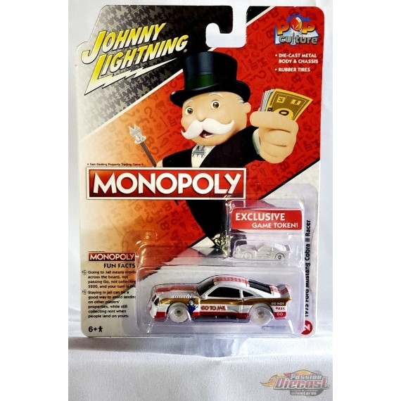 CHASE CAR Monopoly - 1975 Ford Mustang Cobra II Racer with Red Stripes - Johnny Lightning 1/64 - JLSP214GR  JLPC005GR
