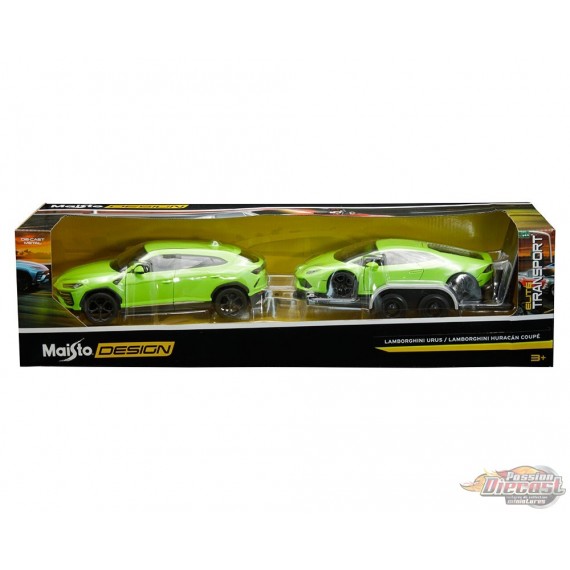 Lamborghini Urus et Huracan Coupé (vert) avec remorque – Elite Transport - Maisto 1/24 - 32753 GRN -  Passion Diecast