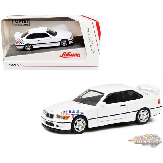 BMW M3 (E36) Blanc avec bandes noires et graphiques - Schuco - 1:64 - 452027300 Passion Diecast