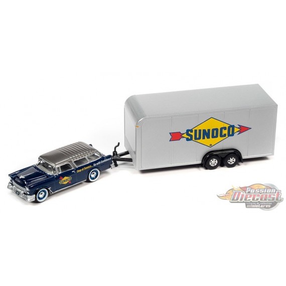 1955 Chevrolet Nomad avec remorque fermée en bleu et blanc - Sunoco - Truck&Trailers - Johnny Lightning 1:64 - JLSP307 B