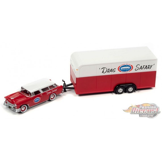 1955 Chevrolet Nomad remorque rouge et blanc  Race Safety Drag Safari - Truck&Trailers - Johnny Lightning 1:64 - JLSP307 A