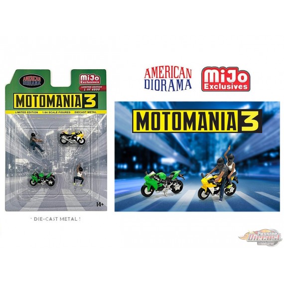 Moto Mania 3 Figure & Bike Set - 4 pieces Diecast - American Diorama 1-64 - 76499 MJ Passion Diecast