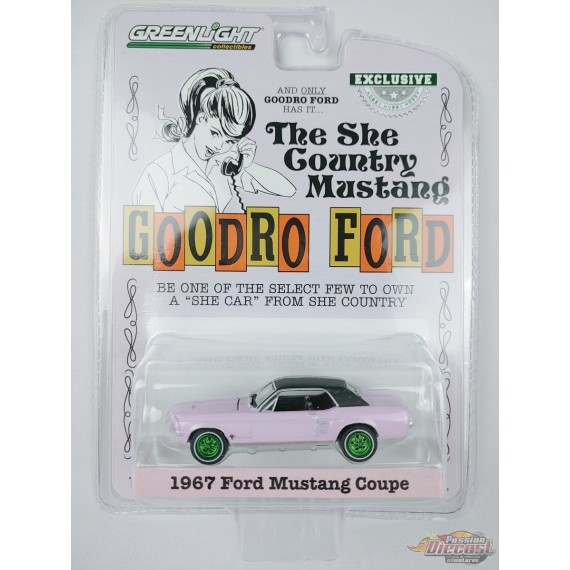 GreenMachine Bill Goodro Ford, Denver, Colorado - 1967 Ford Mustang Coupe Pink  - Hobby Exclusive - 1/64 Greenlight - 30352GR