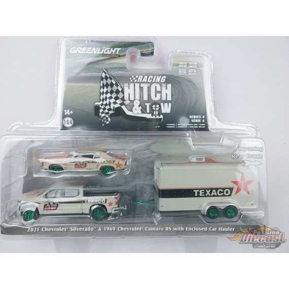 GreenMachine 2021 Chevrolet Silverado and 1969 Chevrolet Camaro RS - on Flatbed Trailer - Texaco - 1/64 Greenlight - 31140 CGR