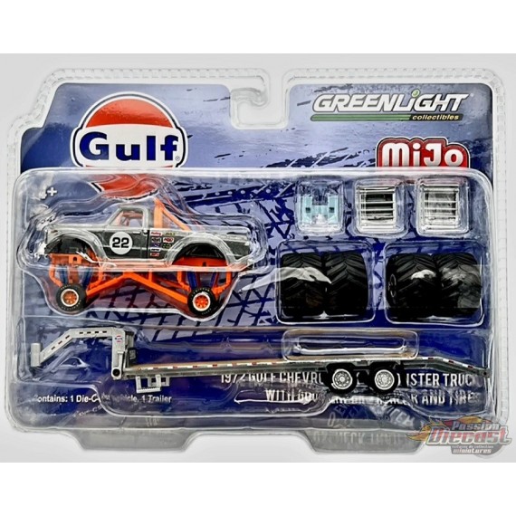 Green Machine - 1972 Chevrolet K-10 Monster Truck Gooseneck Trailer & Tires Gulf Racing - 1/64 Greenlight - 51432GR