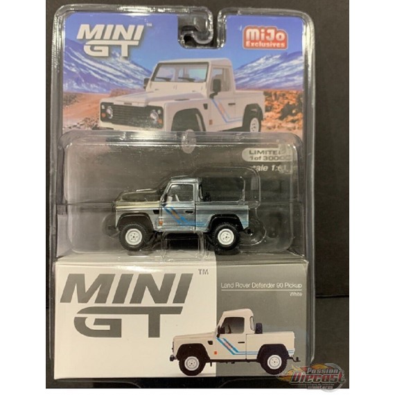 CHASE CAR Mini GT - Land Rover Defender 90 Pickup Blanc - Mijo Exclusives USA - MGT00338GR Passion Diecast