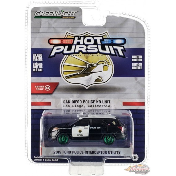 GreenMachine San Diego Police K9, California - 2015 Ford Police Interceptor - Hot Pursuit Series 43 -1/64 Greenlight - 43010 EGR