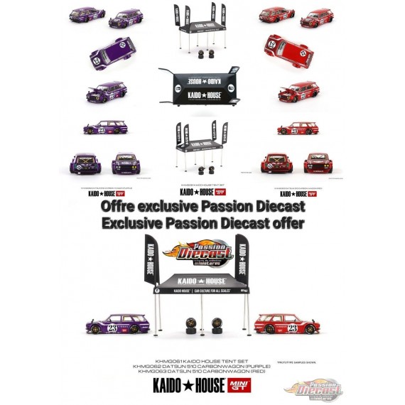 Kaido★House - Datsun KAIDO 510 Carbon Wagon Purple V1, Red V2 & Tent V1 - Mini GT - 1/64 - KHMG061 - KHMG062 & KHMG063