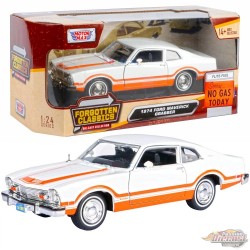 1974 Ford Maverick Grabber - White with Orange Stripes - Forgotten Classics - Motormax 1-24 - 73332 AC WHOR - Passion Diecast 
