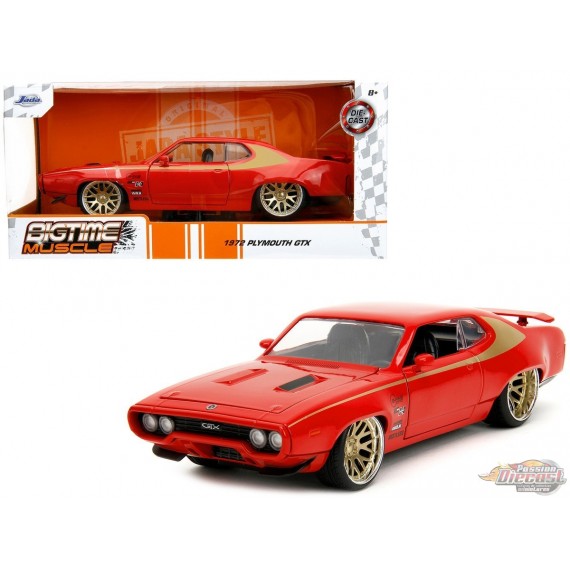 1972 Plymouth GTX - Red with Gold Stripe - Bigtime Muscle - Jada 1/24 - 34206 - Passion Diecast 