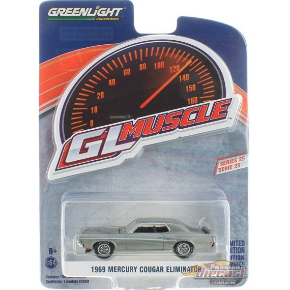 GreenMachine 1969 Mercury Cougar Eliminator in Medium Blue Iridescent -   GL Muscle Series 25 -1-64 Greenlight - 13300 BGR