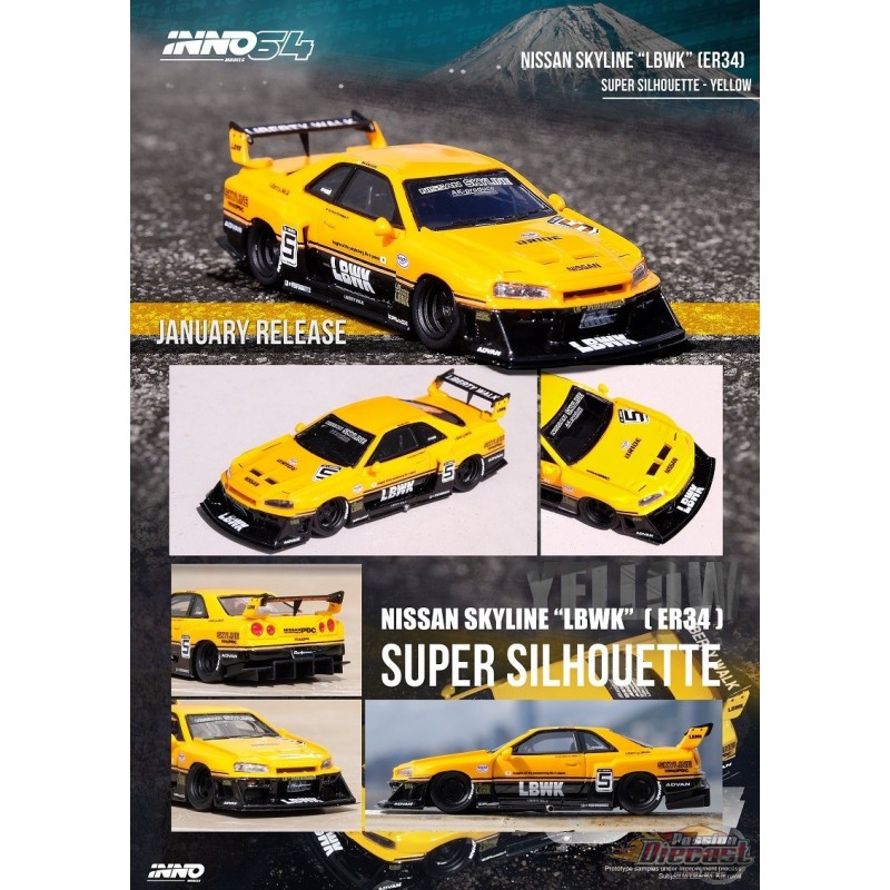 (Preorder) Nissan Skyline LBWK (ER34) SUPER SILHOUETTE Yellow - INNO 64 ...