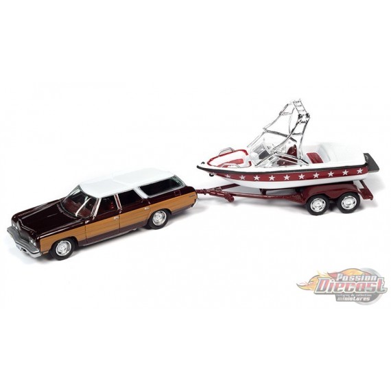 Johnny Lightning 1973 Chevrolet Caprice Wagon Medium Red with Woodgrain Sides with Mastercraft Boat and Trailer Limited Edition to 4376 Pieces