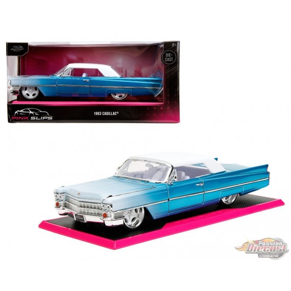 1963 Cadillac with Base - Bleu - Pink Slips - Jada - 1/24 - 34897 - Passion Diecast 