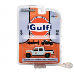 GreenMachine Jeep Gladiator Rubicon 2020 exclusif à l'Indonésie avec Indian Motorcycle GULF Livery - 1/64 Greenlight - 51524GR