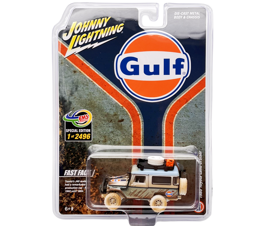 CHASE CAR 1980 Toyota Land Cruiser Gulf Muddy - EMS Exclusive Special  Edition - Johnny Lightning 1/64 - JLCP7444GR