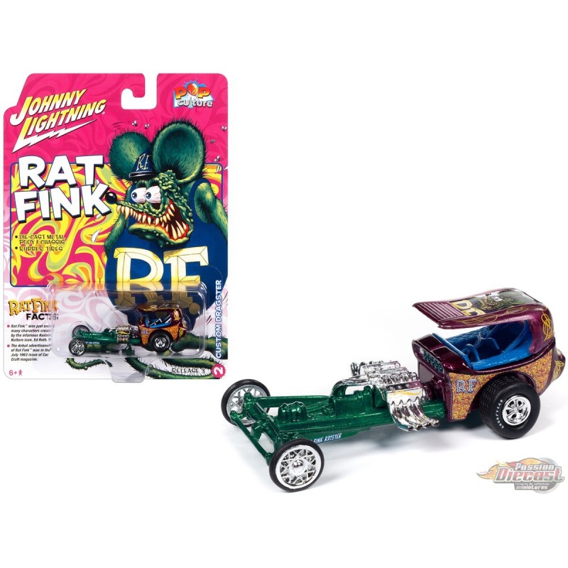 RAT FINK - Dragster in Green and Fuscia Metal Flake - Johnny