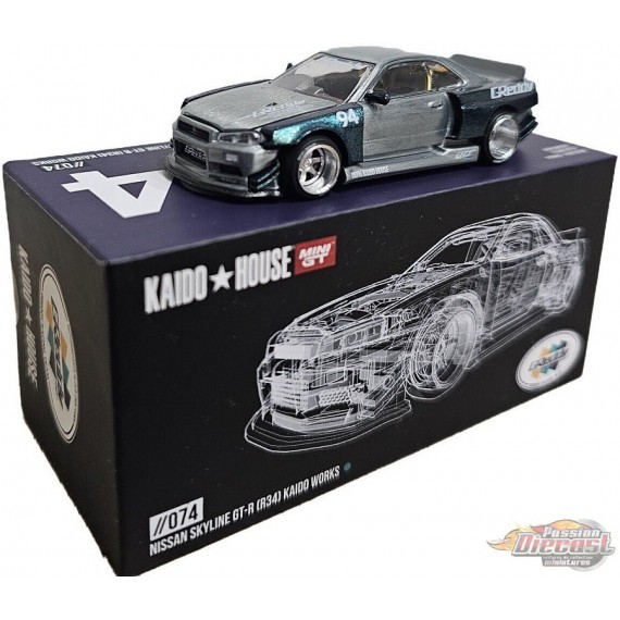 (CHASE) Kaido★House - Nissan Skyline GT-R (R34) Kaido Works GReddy V1 - Mini GT - Mijo Exclusives - 1/64 - KHMG074GR